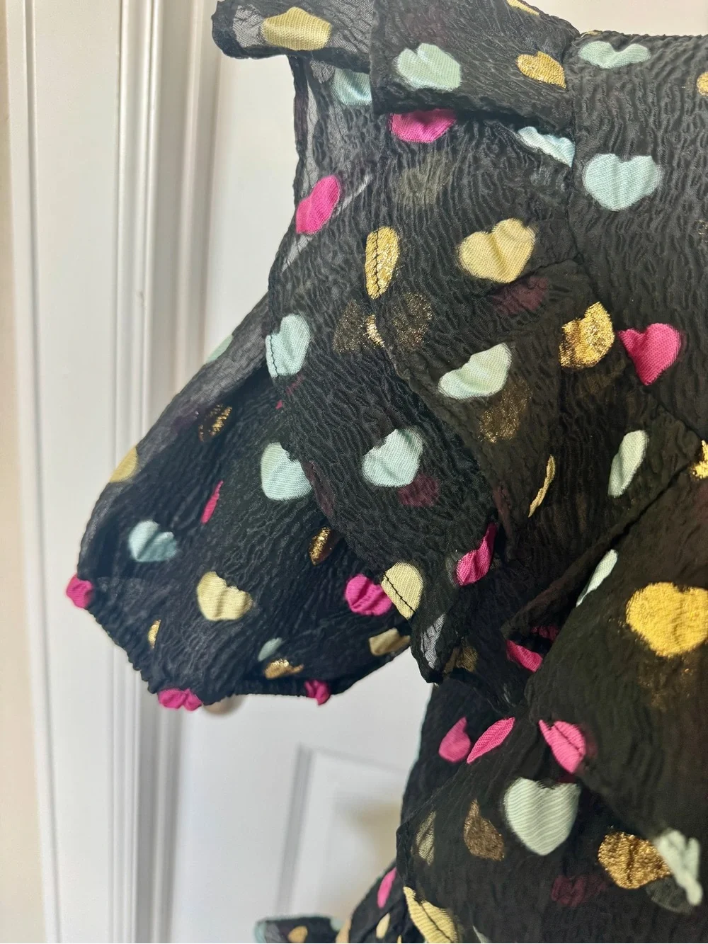 Women’s Buddy Love Black Heart Print Ruffle Dress with Gold Accent - Picture 3 of 9